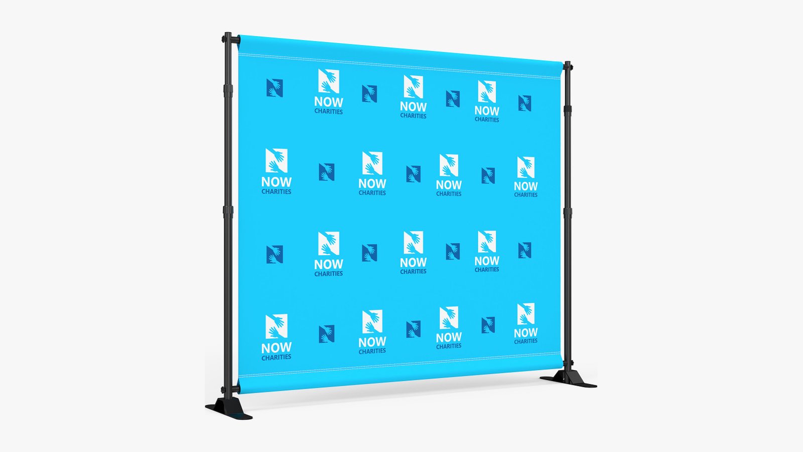 A step and repeat backdrop with a repeating logo pattern on a stand
