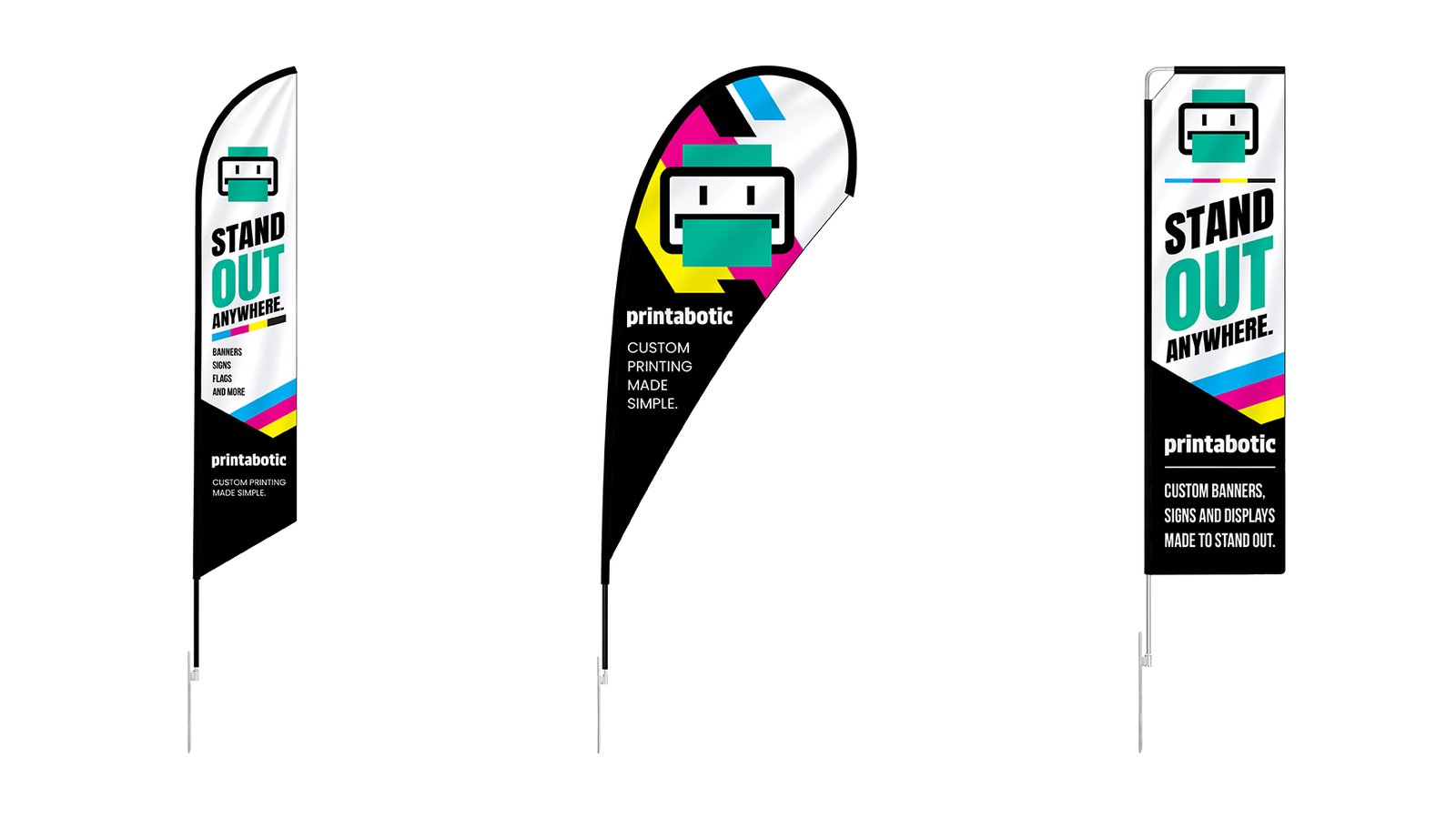 A feather flag, a teardrop flag and a rectangle flag, side by side