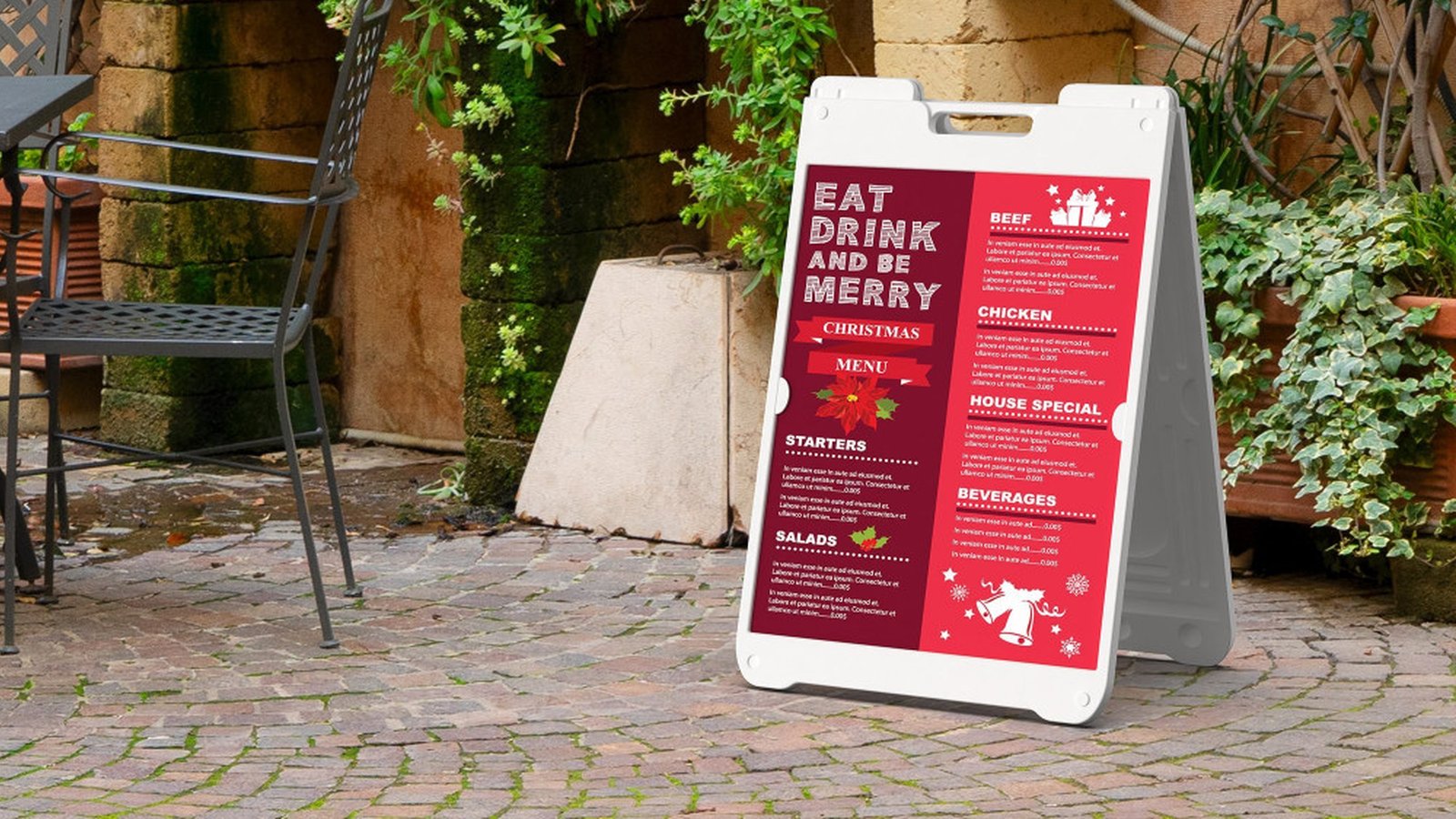 A white sidewalk A-frame sign with a printed menu outside a cafe