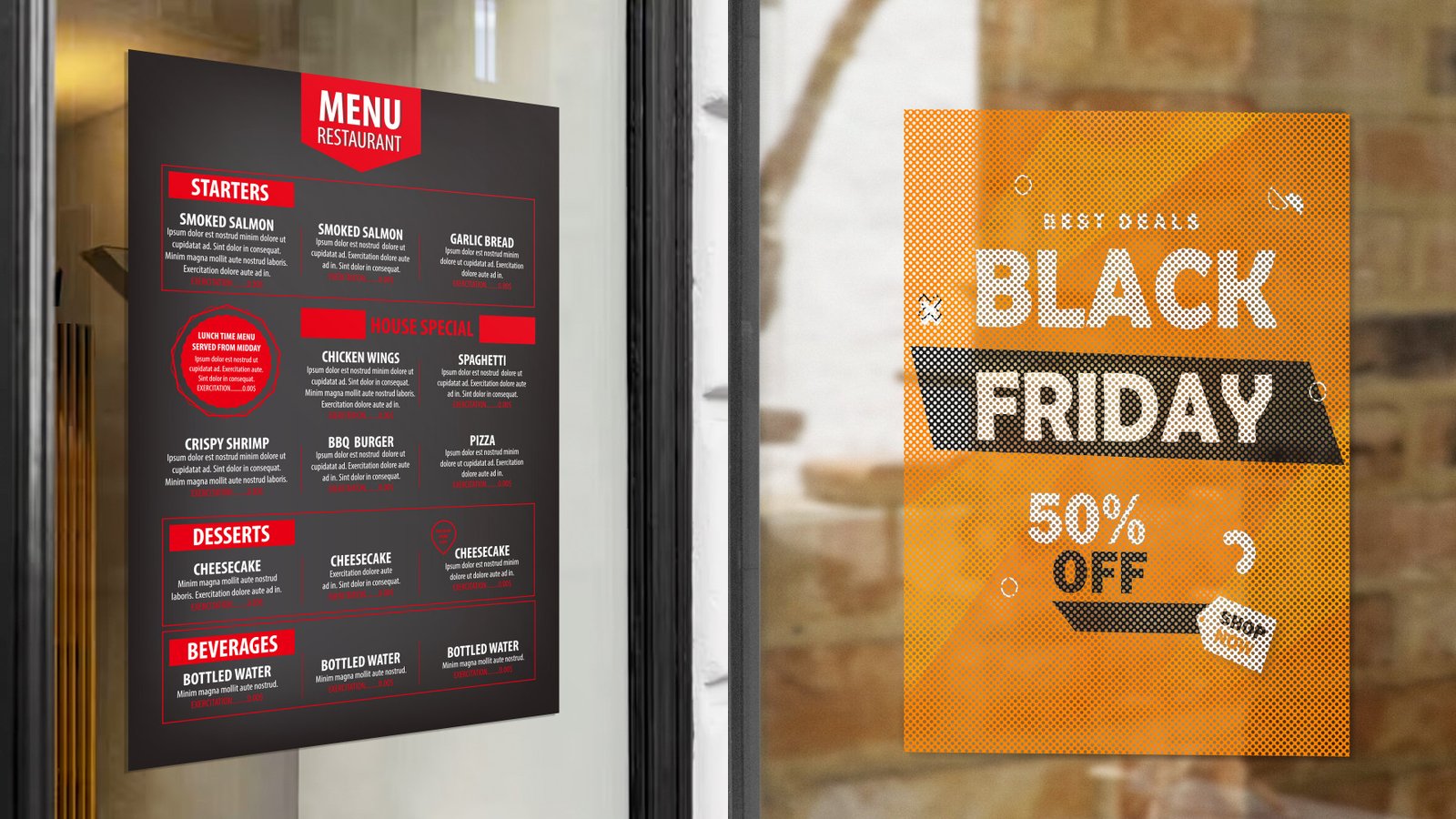 A printed menu on a shop window, and a sale graphic on glass