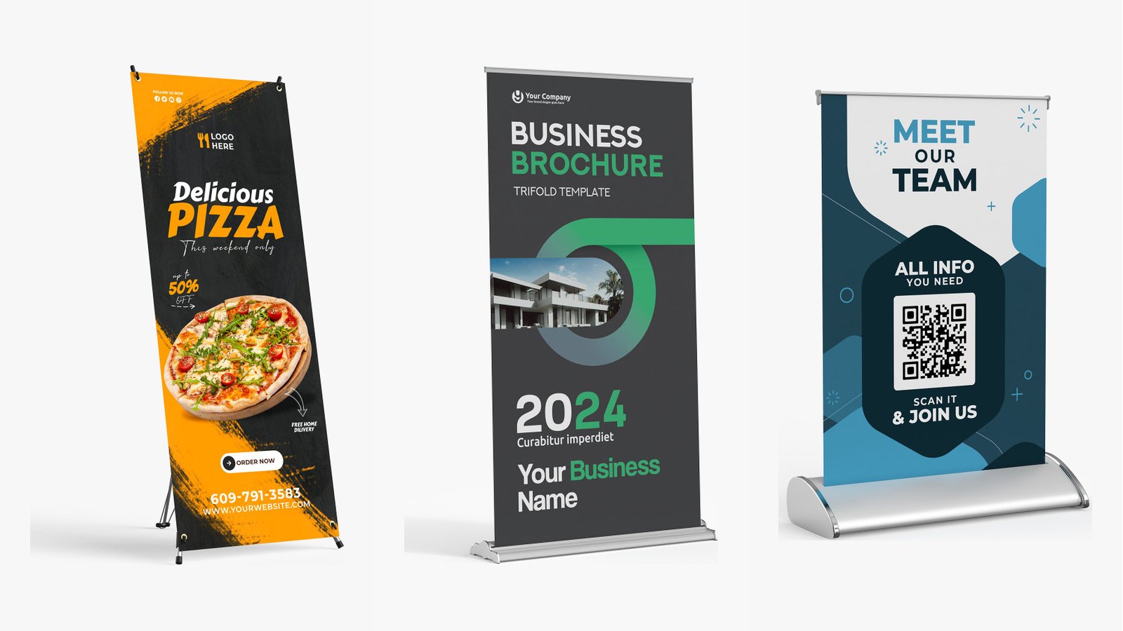 An X-stand banner, a wide retractable banner and a table top banner stand