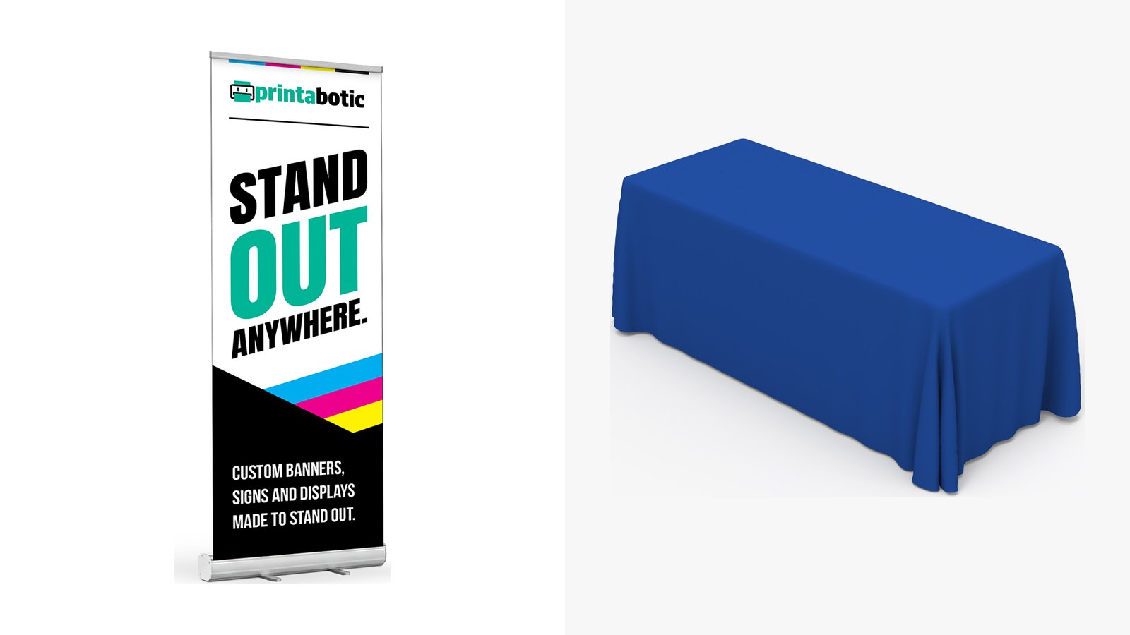 A retractable banner stand next to a table with a printed runner