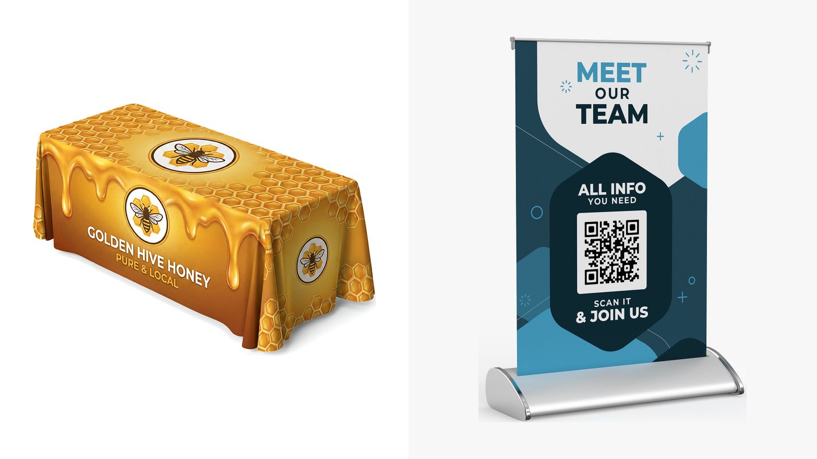 A printed 6 ft table cover and a table top banner stand