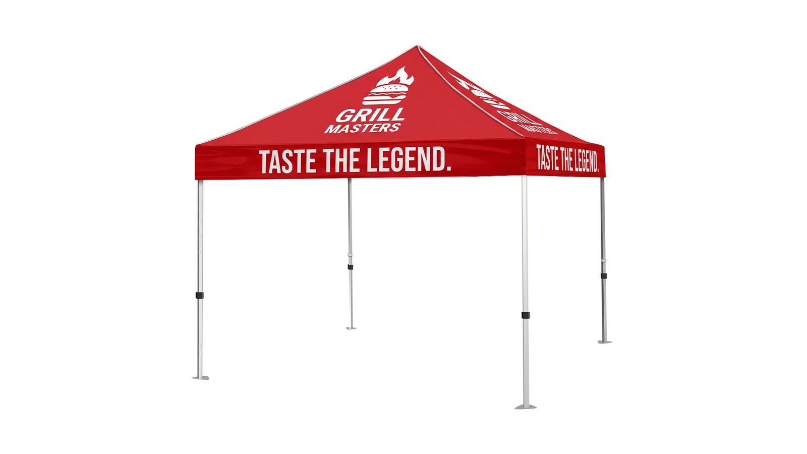 A 10x10 event tent with a printed red canopy and valance