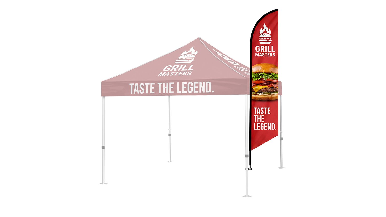 A feather flag clamped to the leg of an event tent