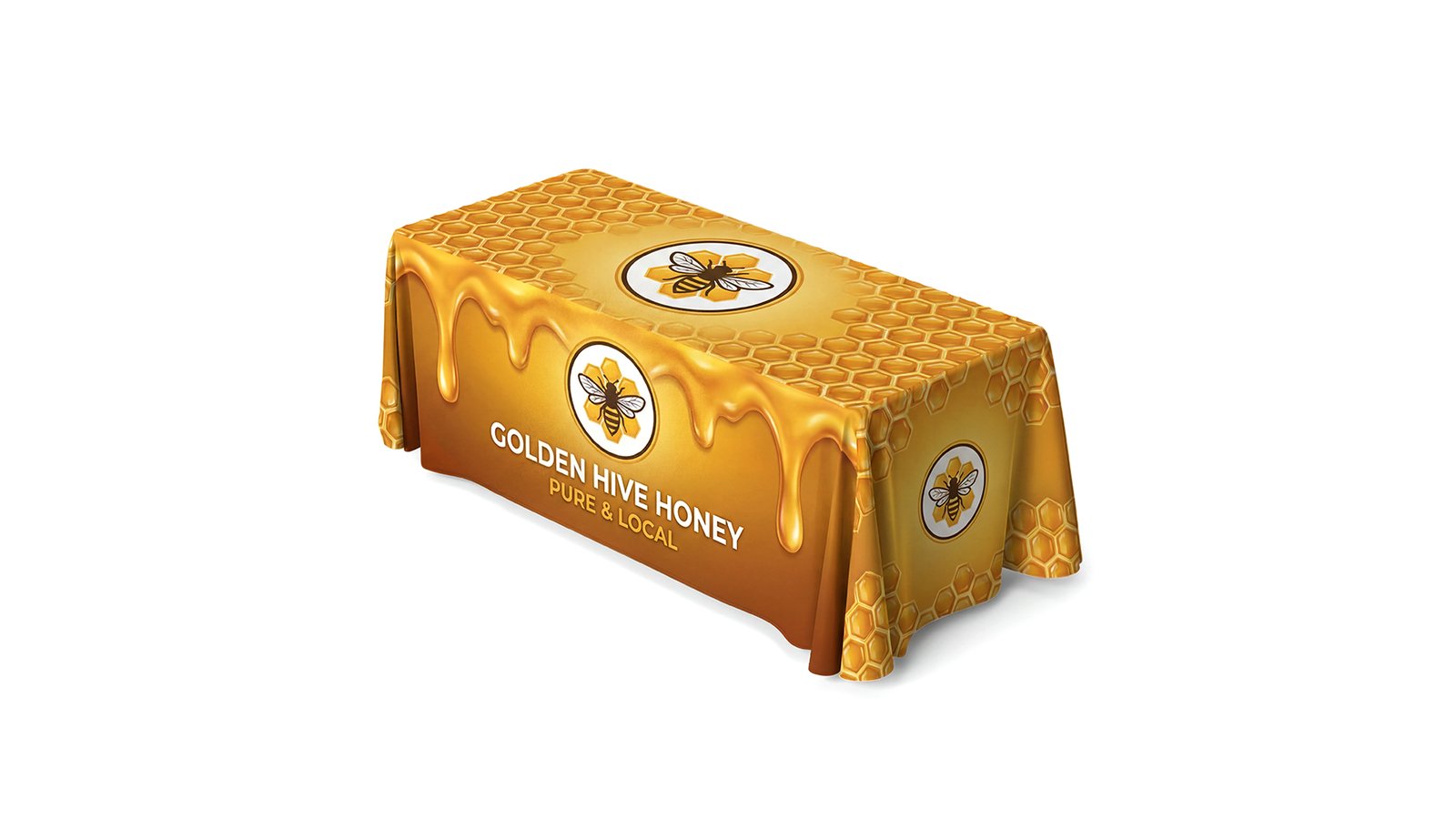A 6 ft printed table cover for a honey vendor