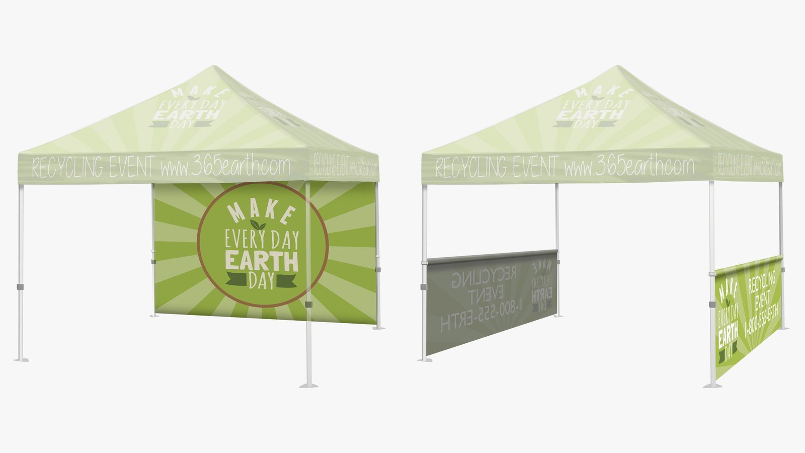 An event tent with a printed back wall, and one with two half walls