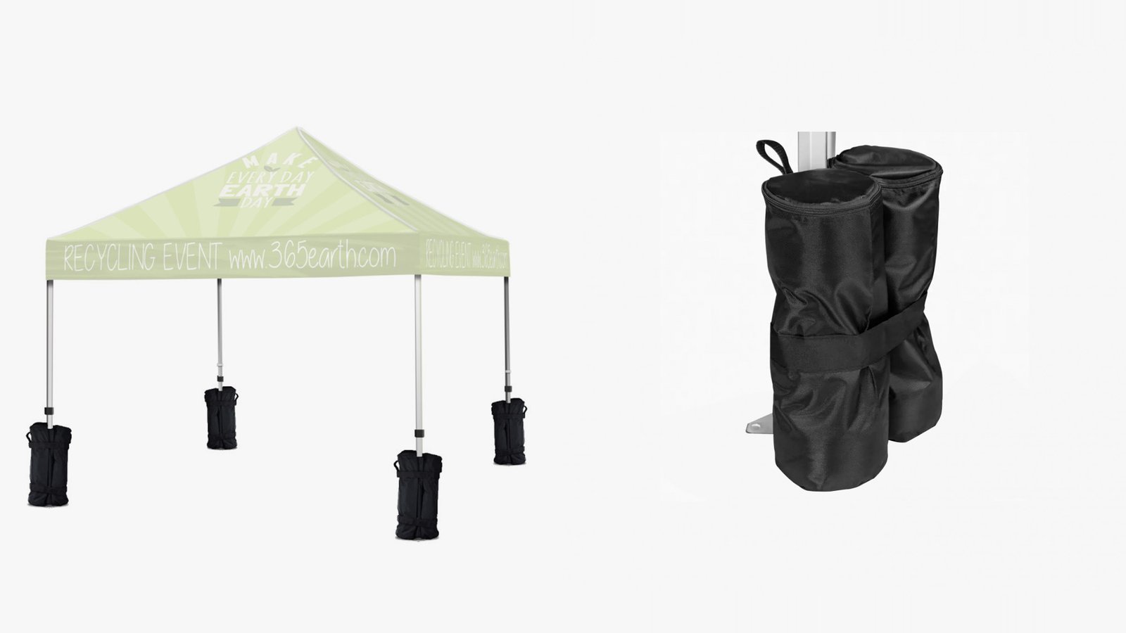 An event tent with a sandbag on each leg, and a close-up of one sandbag